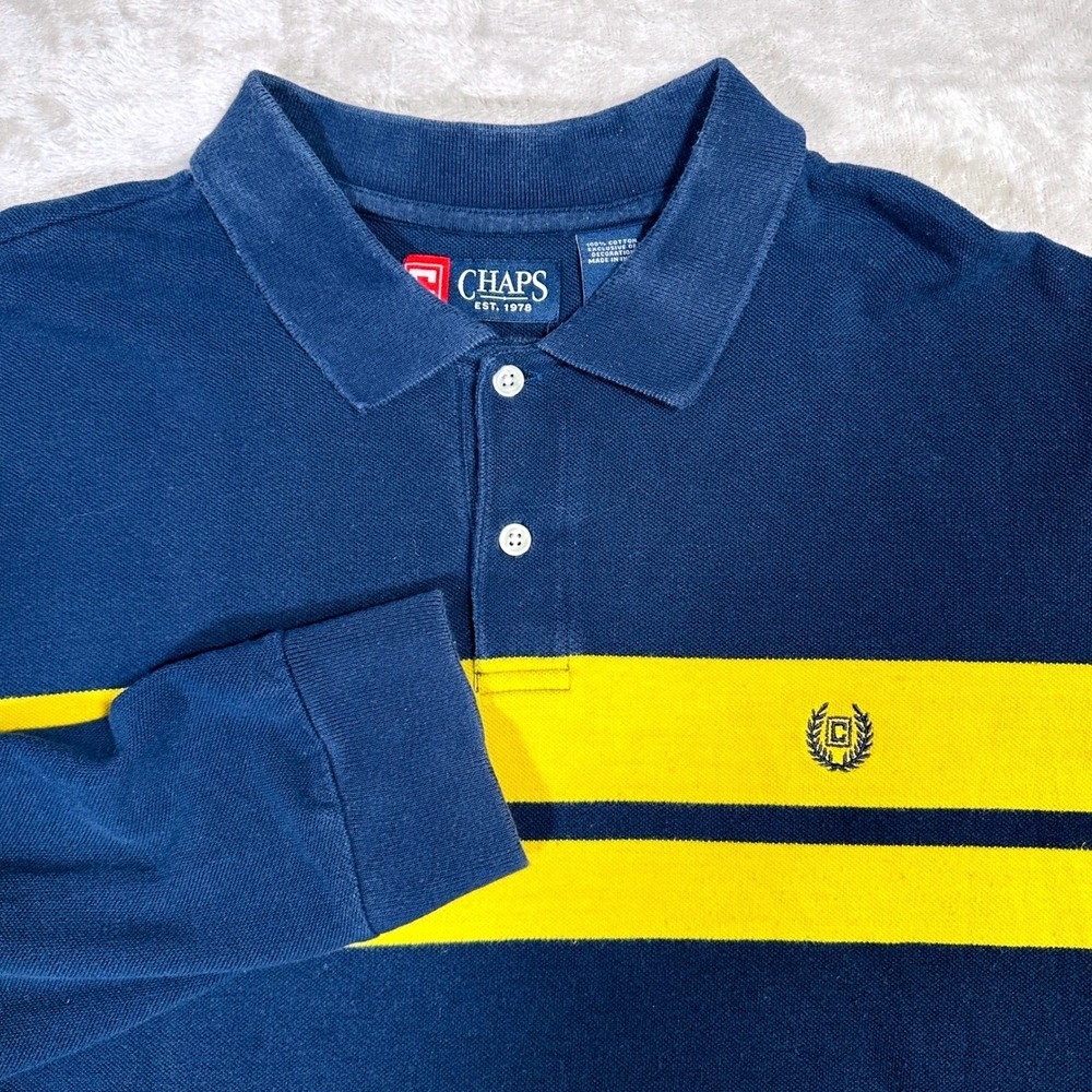 Chaps Polo Shirt Mens XL Rugby Navy Blue Yellow Striped Long Sleeve Crest Logo